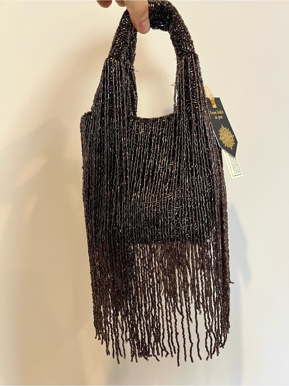 From India to You Beaded Fringe Tote Bag in Dark Brown/ Gunmetal NWT